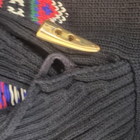 LAUREN RALPH LAUREN Black Red Blue Cotton Toggle V-neck Fair Isle Sweater - Picture 6 of 9